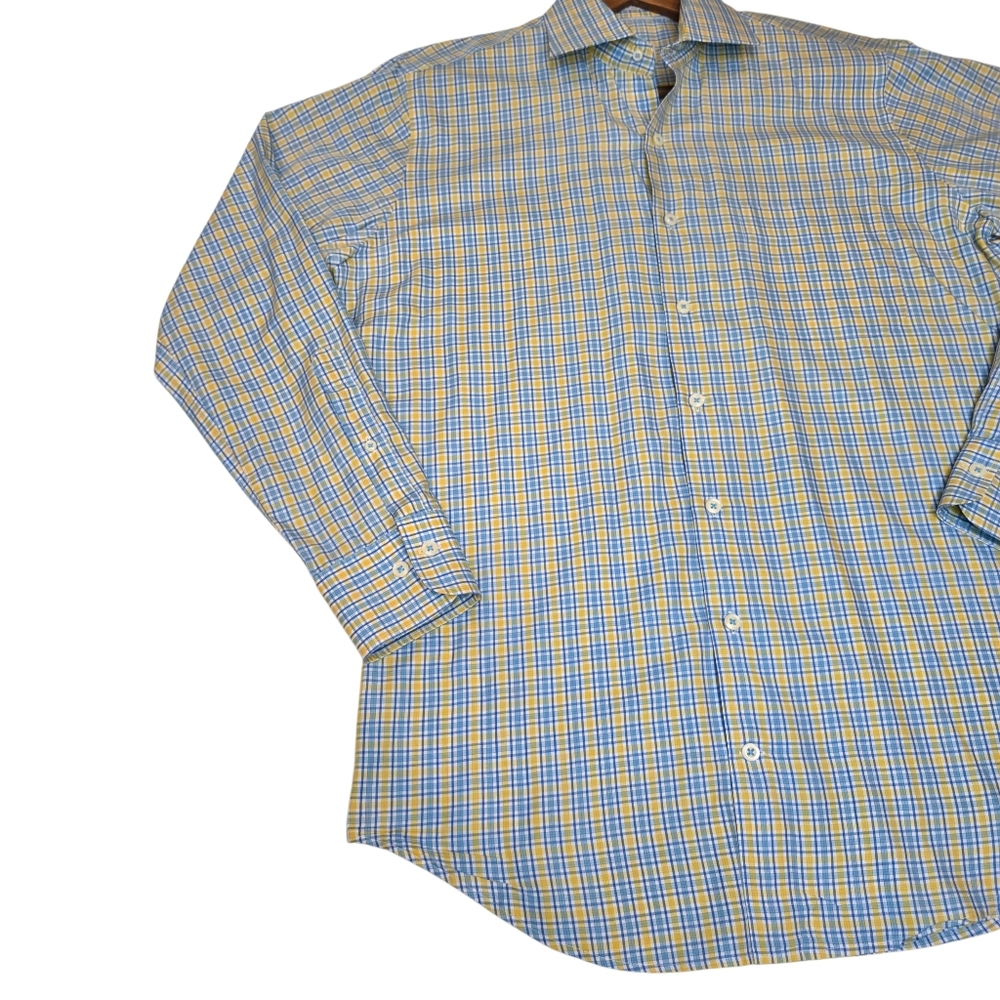 Peter Millar 100% Cotton Button Up L/S Shirt Yellow/Blue Plaid Check, Men's Sz M - Picture 4 of 11